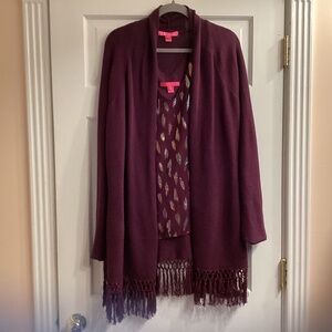 Lilly Pulitzer Tatum Cardigan XL - Fringe Hem Sweater Plum and matching shell L